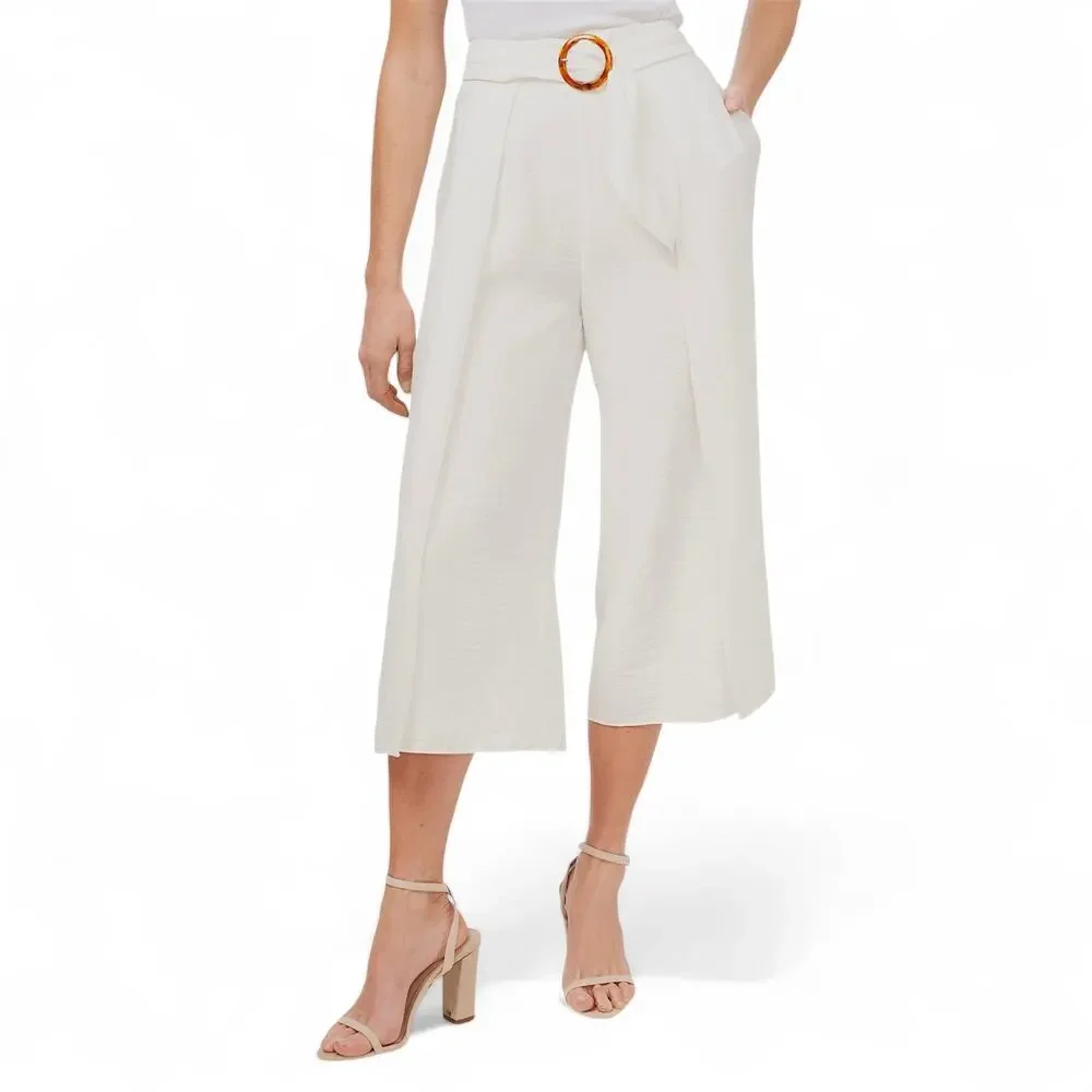 CeCe Wide Leg Cropped Belted Pants Soft Ecru Off White Lightweight Size 20W
